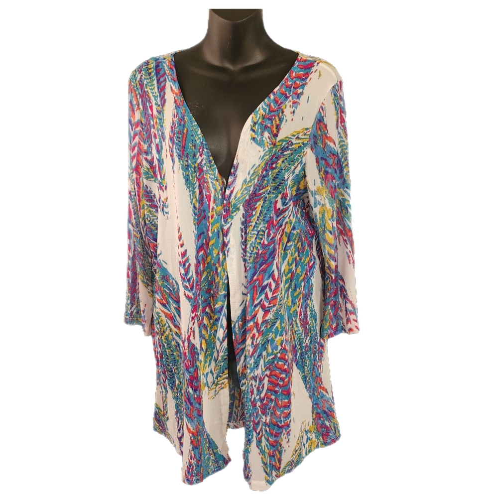 Always Indigo Feather Print Mesh Cardigan, Size M - Picture 2 of 4